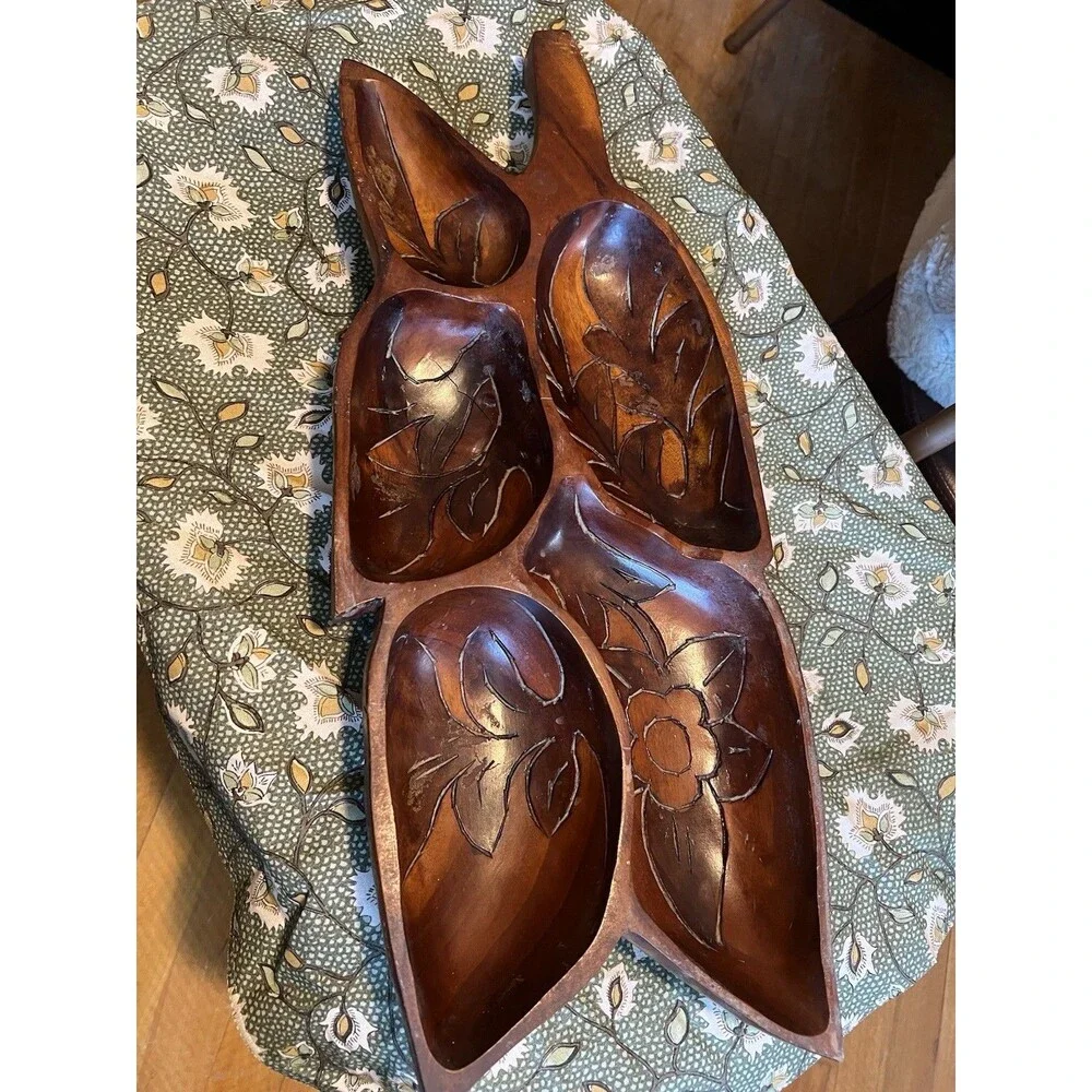 Hand Carved Wood Floral 6-Compartment Serving Tray, Brown Rustic 22 in